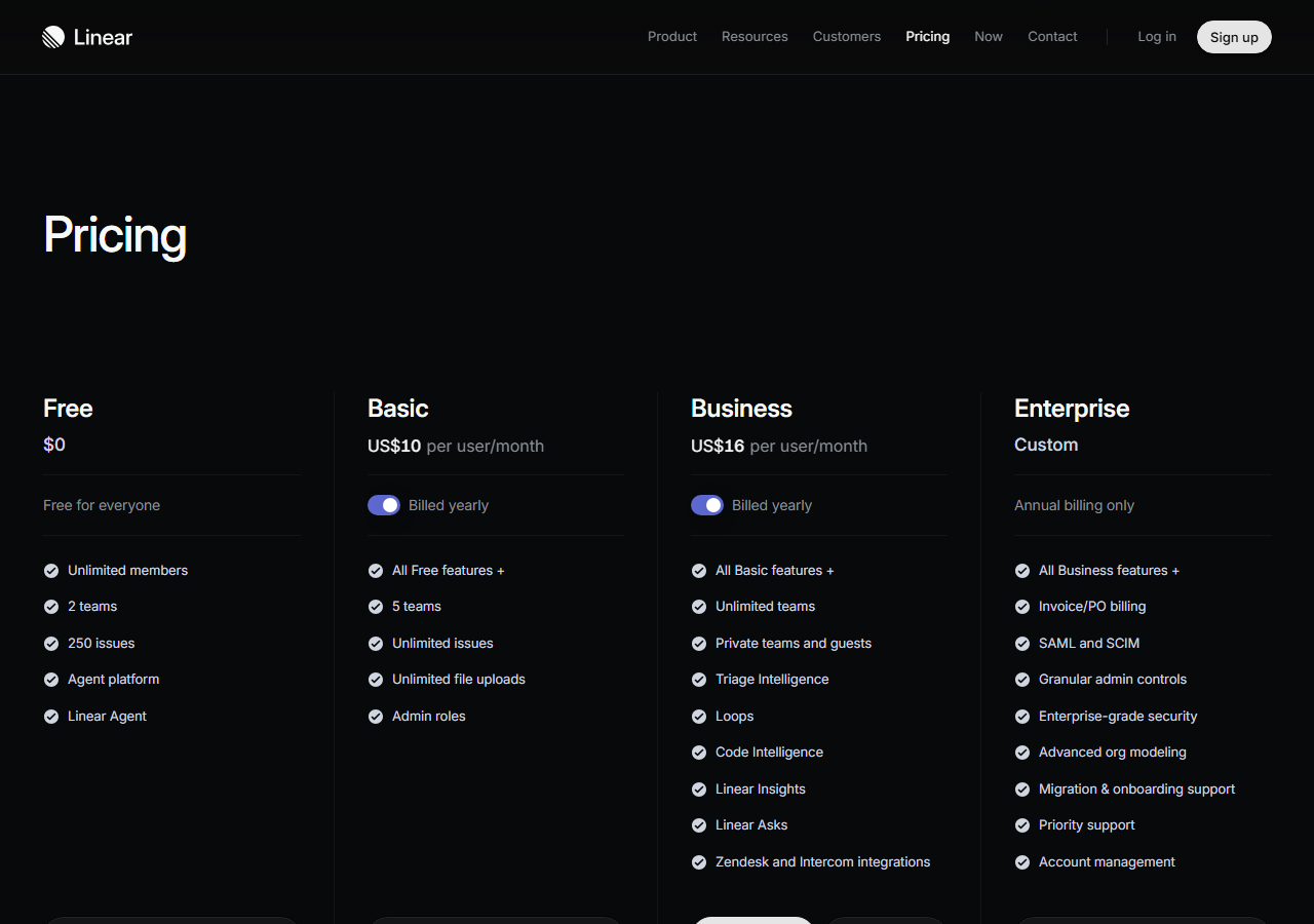 Linear pricing page with four plans