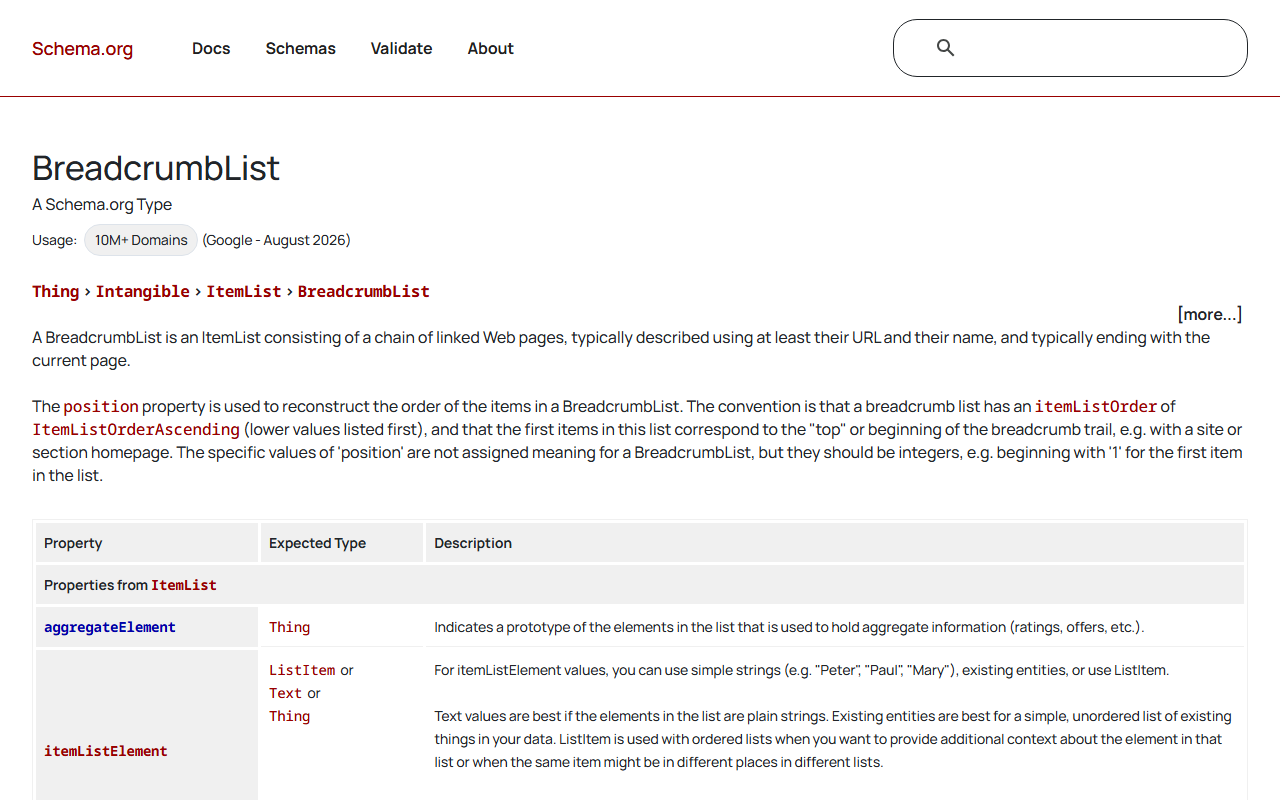 Schema.org BreadcrumbList type definition page