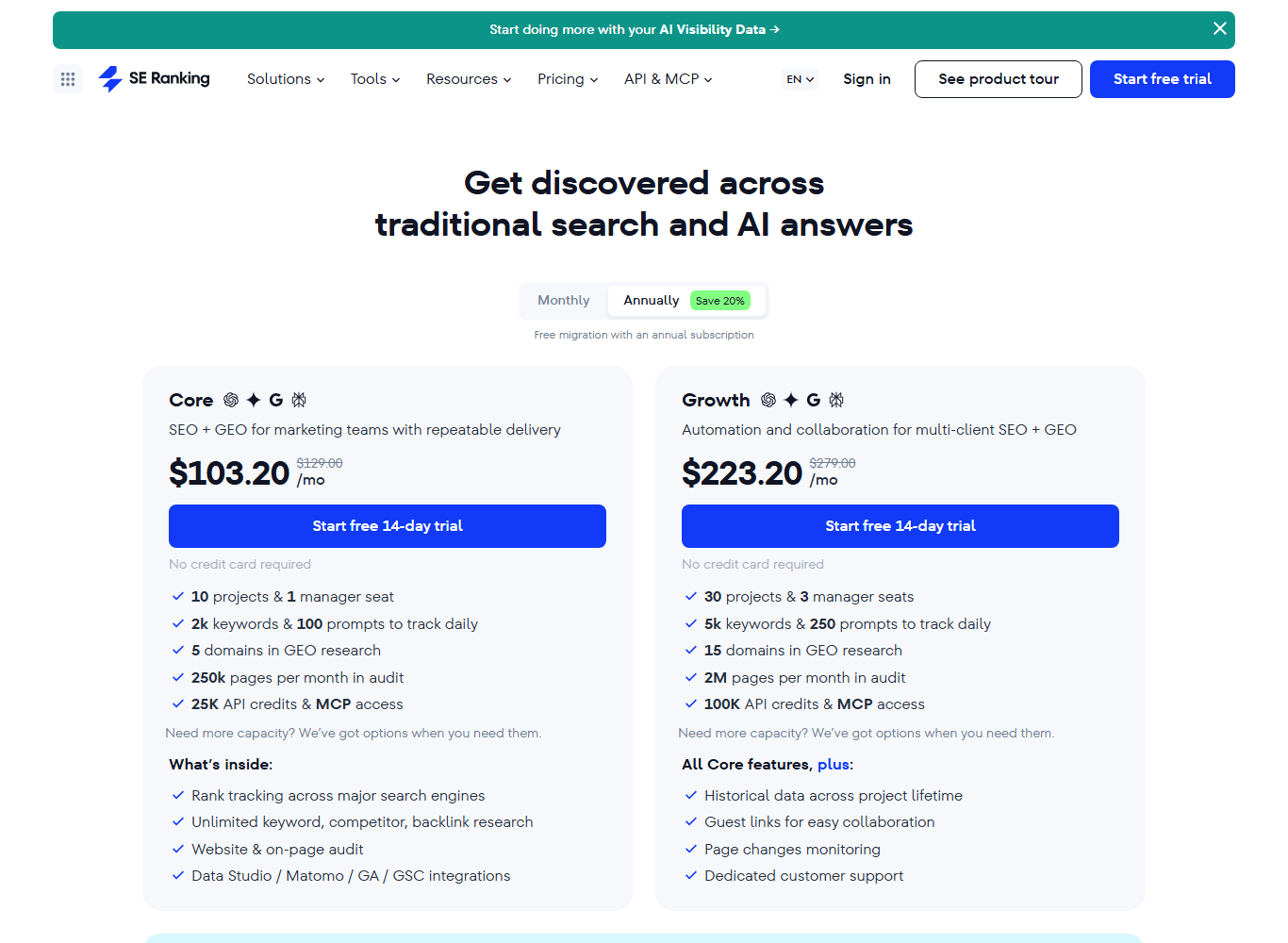 SE Ranking pricing page showing Core and Growth plans