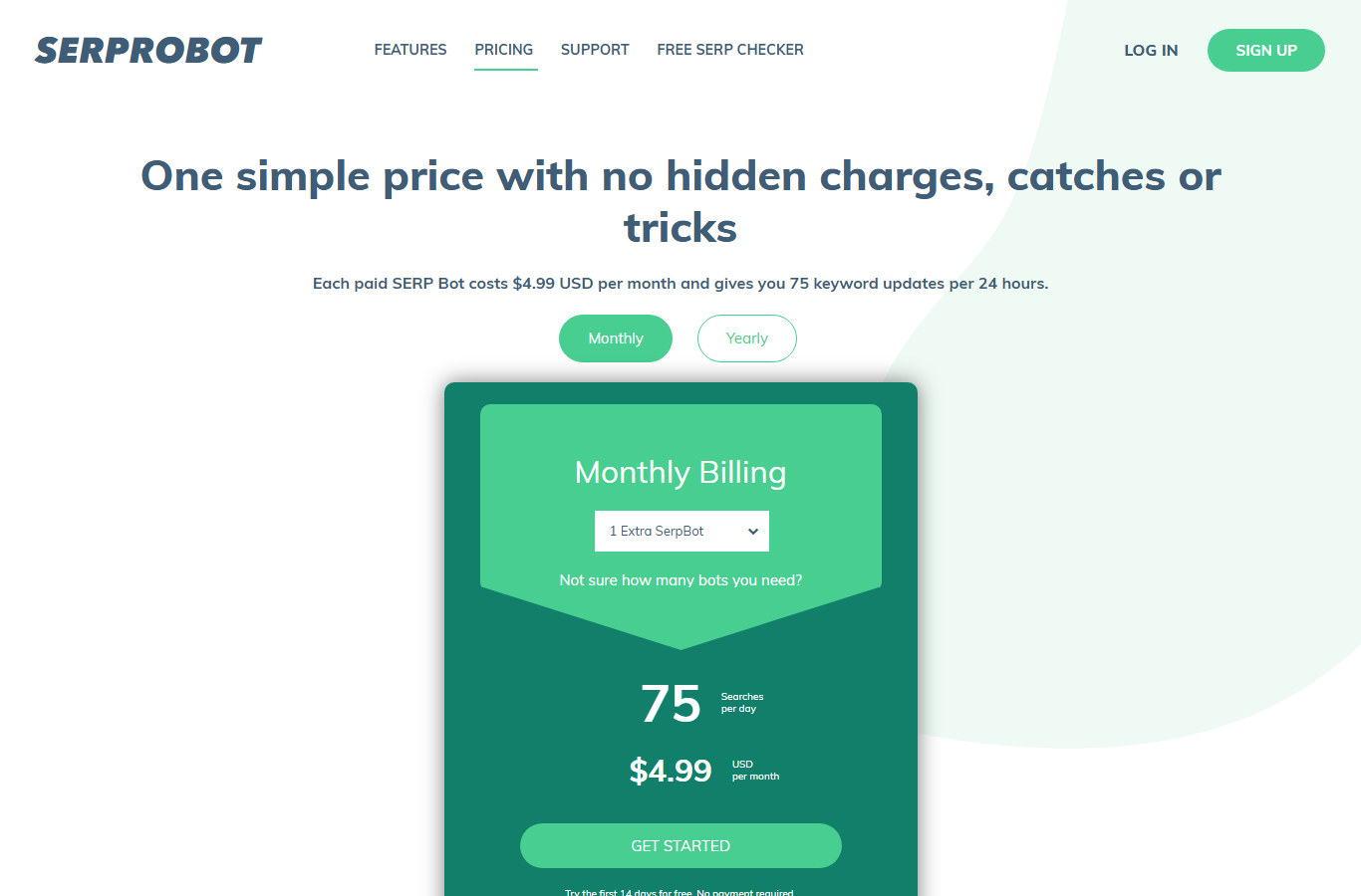 SerpRobot pricing page showing $4.99 per SERP Bot