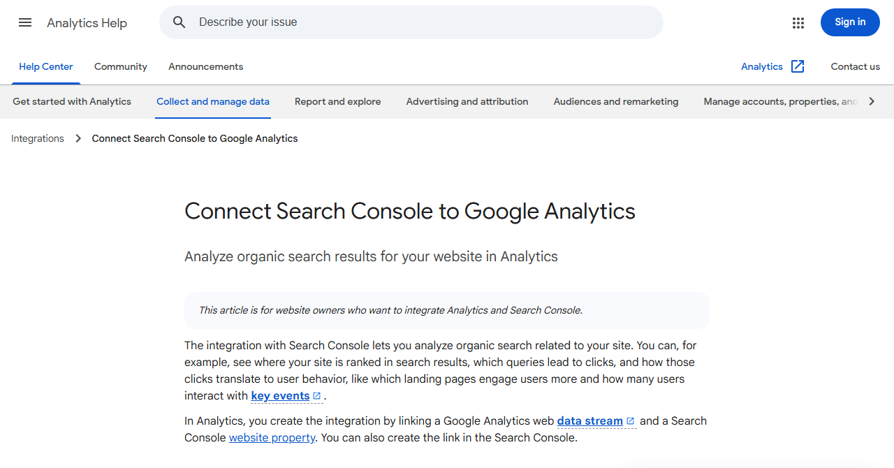 GA4 Search Console integration help page