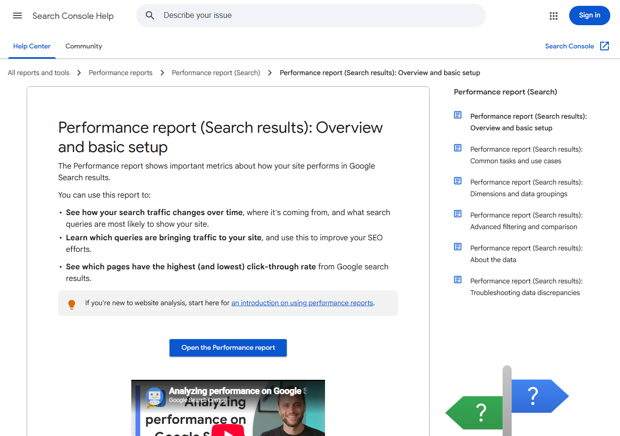 Google Search Console performance report help page