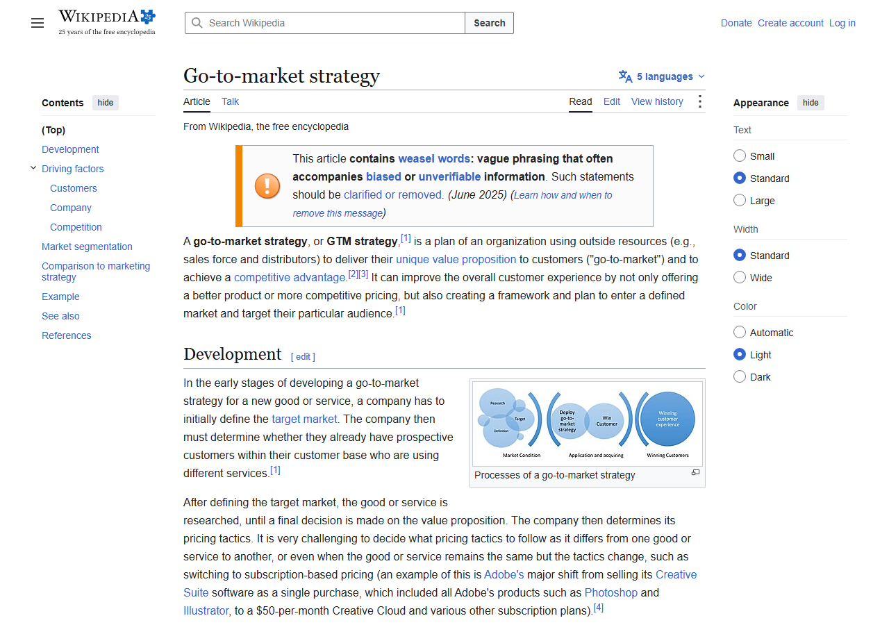 Wikipedia go-to-market strategy article