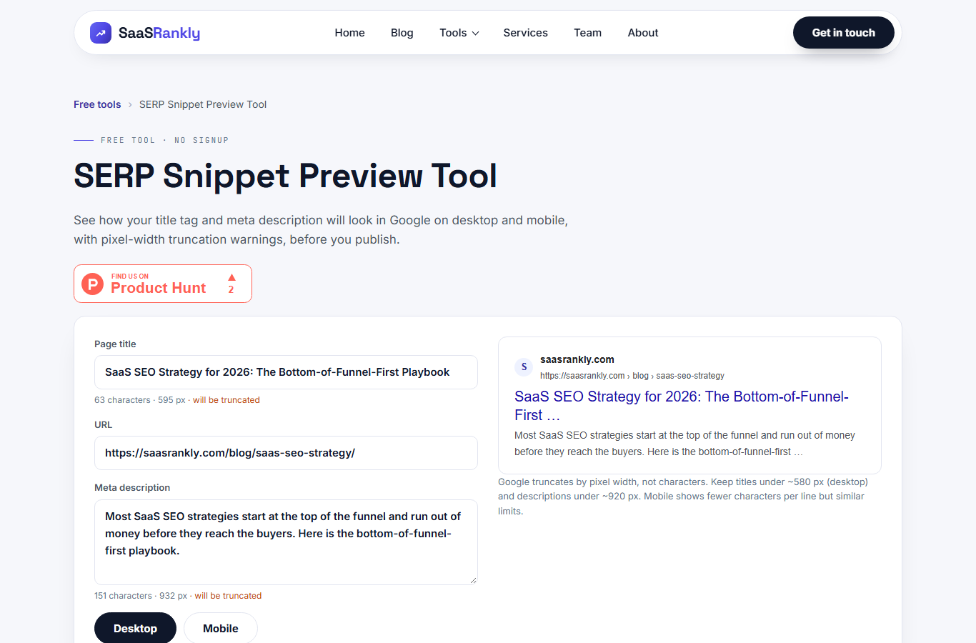 SaaSRankly SERP snippet preview tool showing title truncation