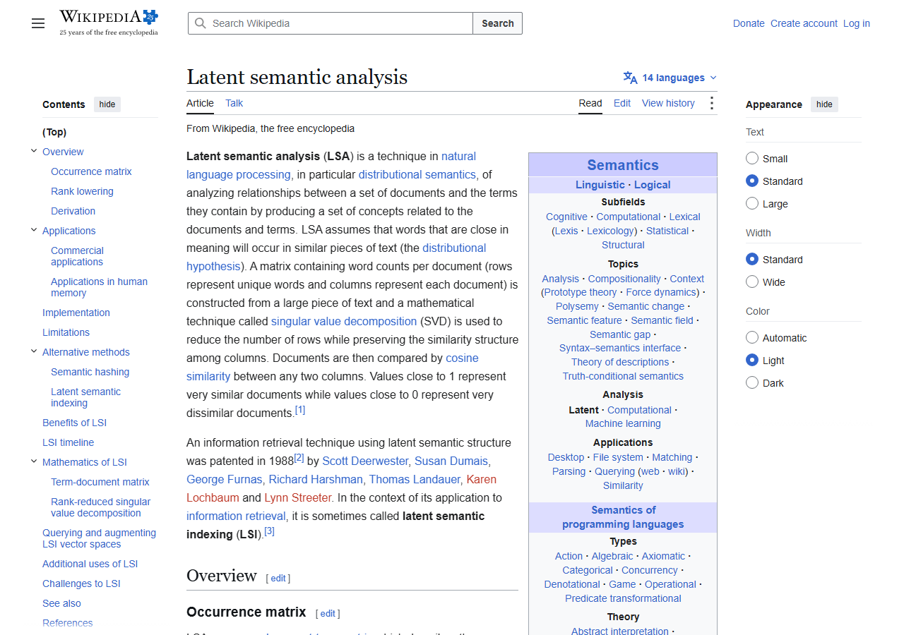 Wikipedia article on latent semantic analysis