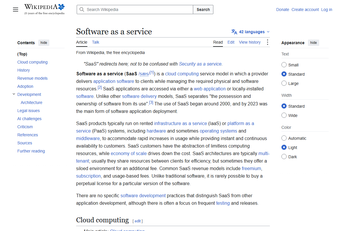 Wikipedia article on software as a service